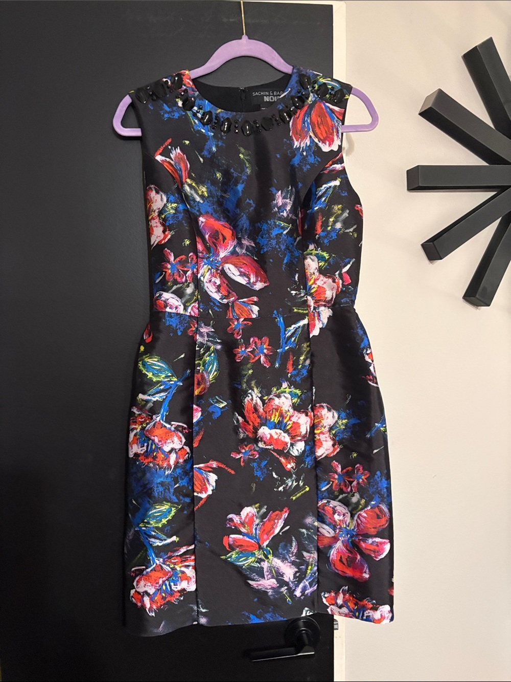 Sachin + Babi Black Floral Beaded-Neckline Midi Dress